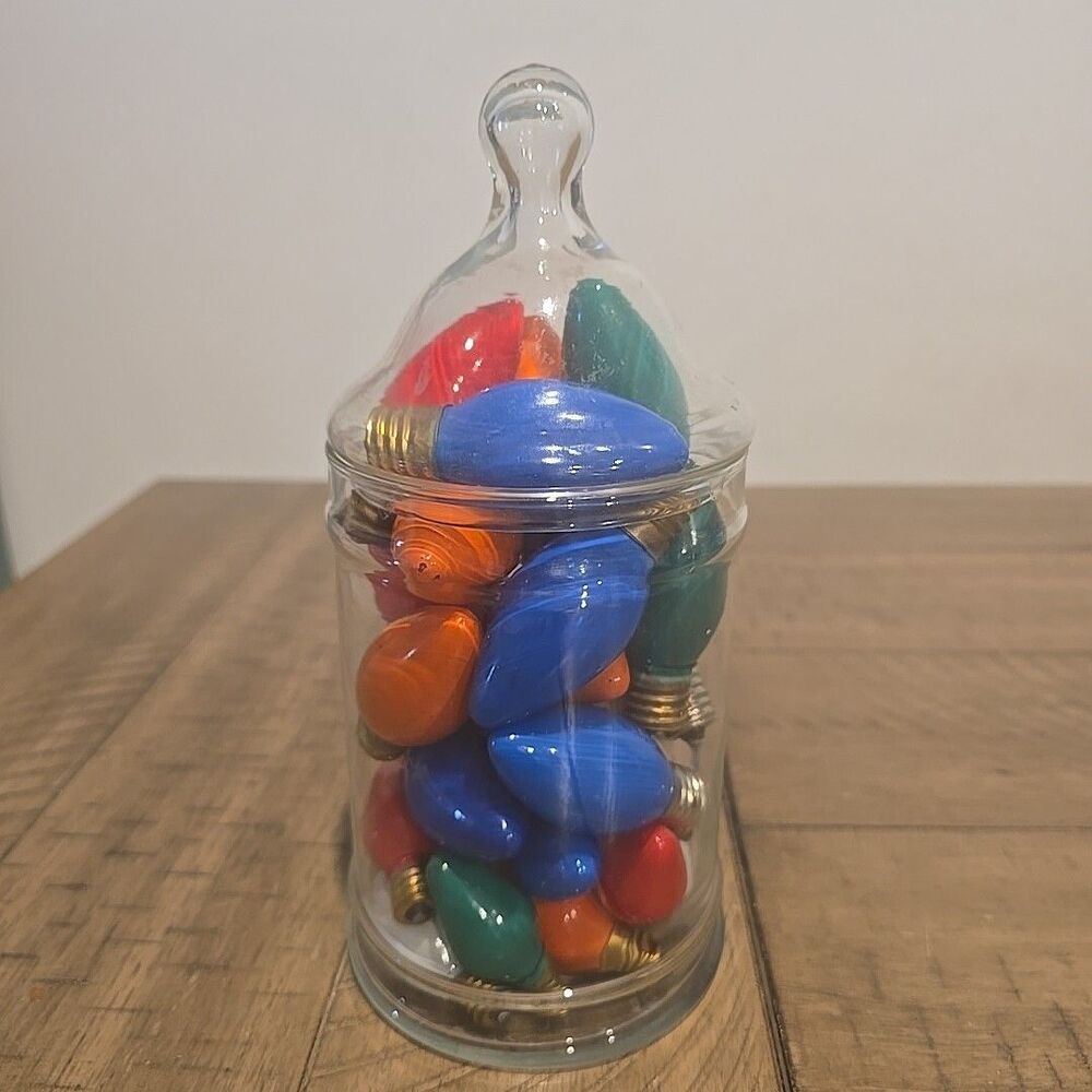 Vintage Christmas Bulbs in Apothocary Jar Red Orange Blue Green White Colorful